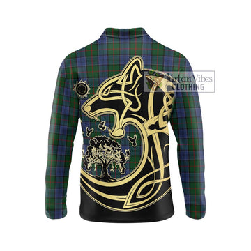 Colquhoun Tartan Long Sleeve Polo Shirt with Family Crest Celtic Wolf Style - Tartanvibesclothing Shop