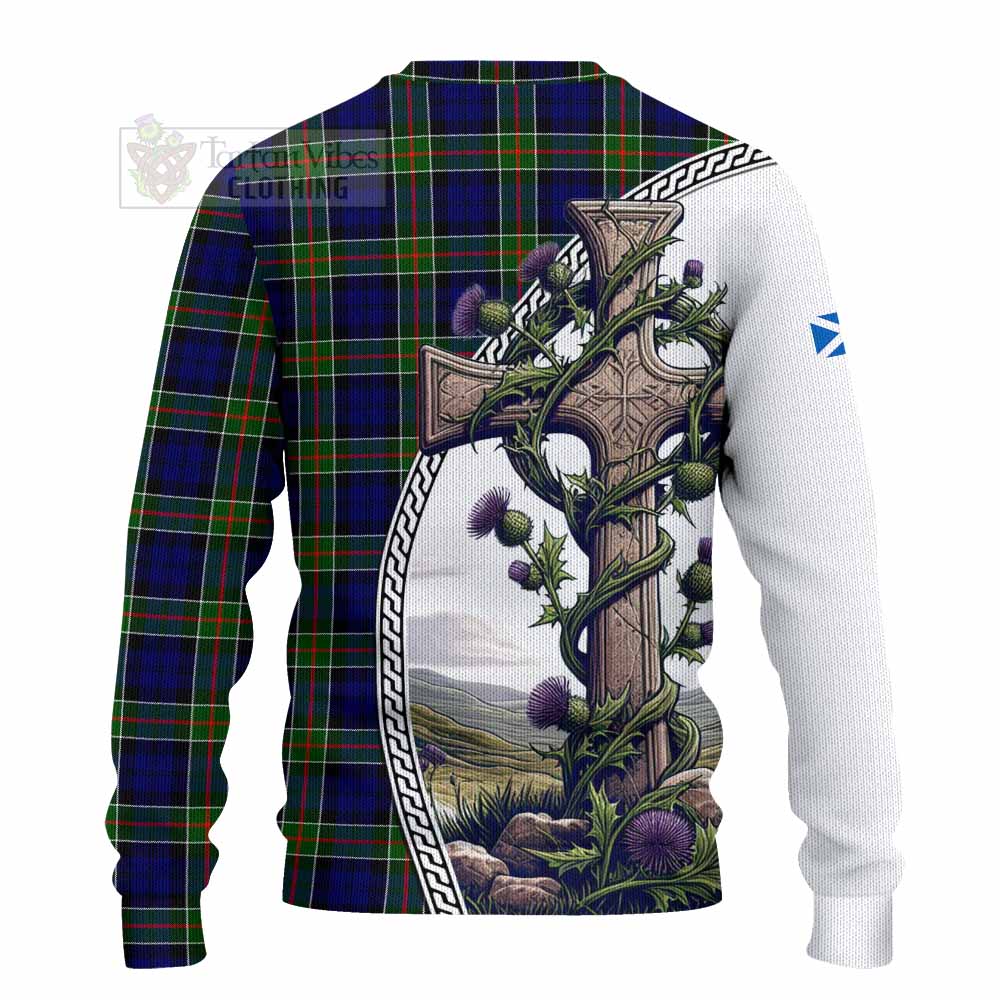 Tartan Vibes Clothing Colquhoun Tartan Knitted Sweater with Family Crest and St. Andrew's Cross Accented by Thistle Vines