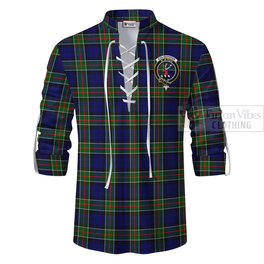 Tartan Vibes Clothing Colquhoun Tartan Ghillie Kilt Shirt with Family Crest Celtic Skull Style