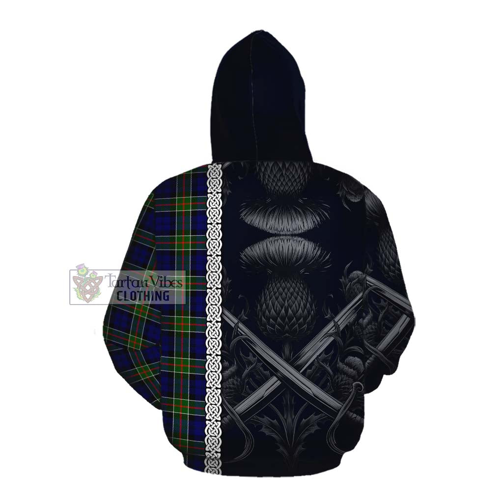 Tartan Vibes Clothing Colquhoun Tartan Cotton Hoodie with Family Crest Cross Sword Thistle Celtic Vibes