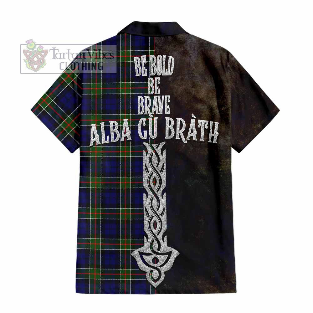 Tartan Vibes Clothing Colquhoun Tartan Family Crest Short Sleeve Button Shirt Alba Gu Brath Be Brave Lion Ancient Style
