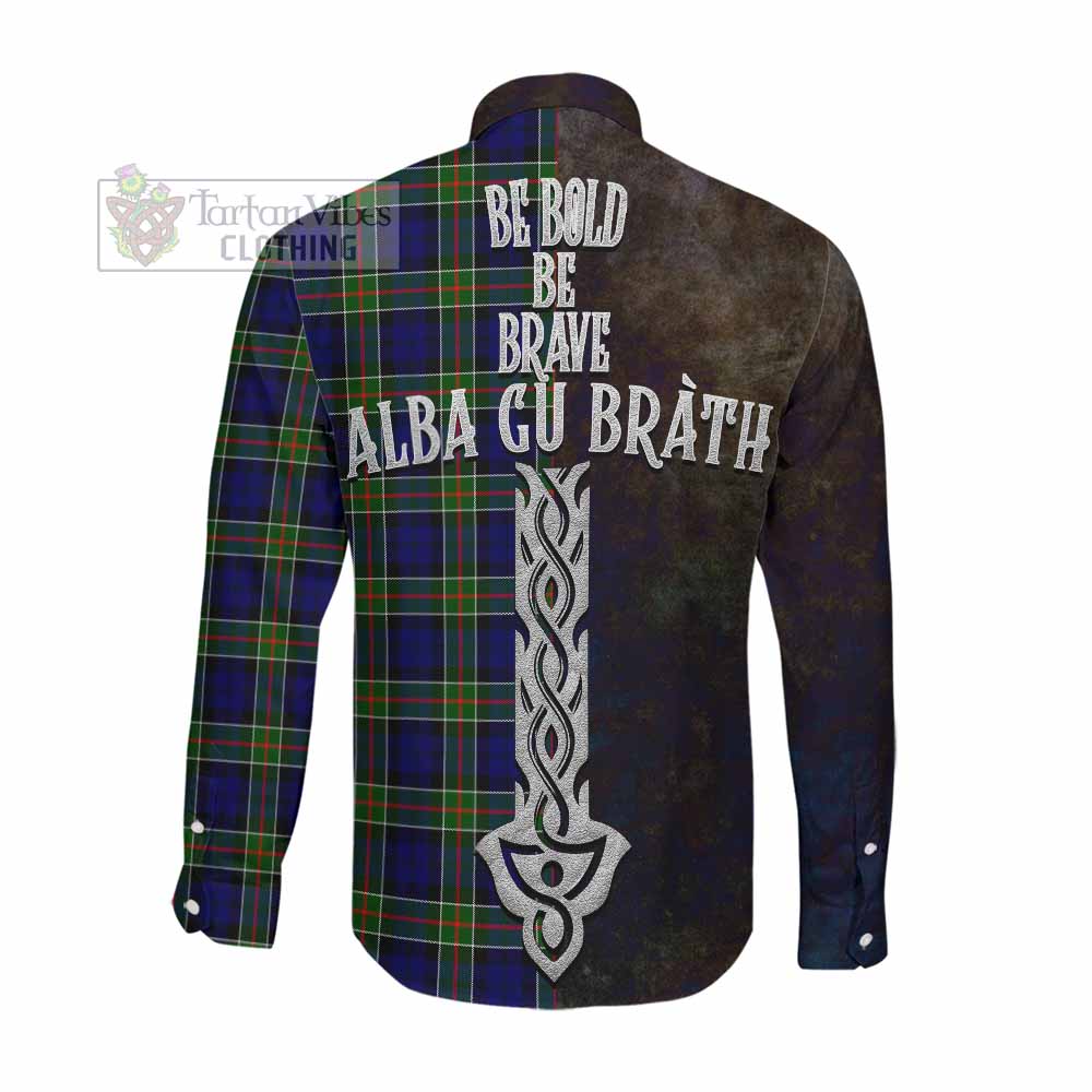 Tartan Vibes Clothing Colquhoun Tartan Family Crest Long Sleeve Button Shirt Alba Gu Brath Be Brave Lion Ancient Style
