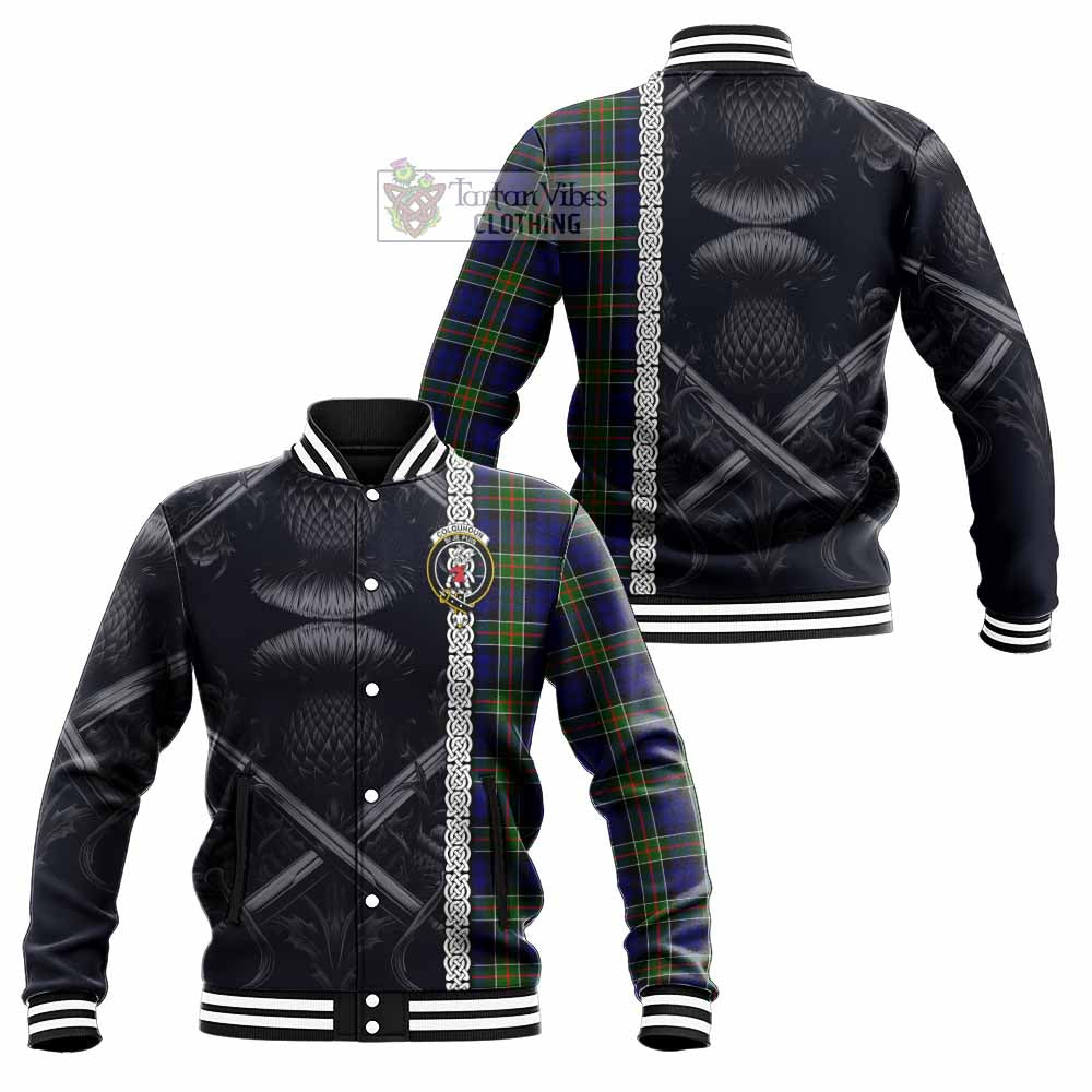 Colquhoun Tartan Baseball Jacket with Family Crest Cross Sword Thistle Celtic Vibes - Tartan Vibes Clothing