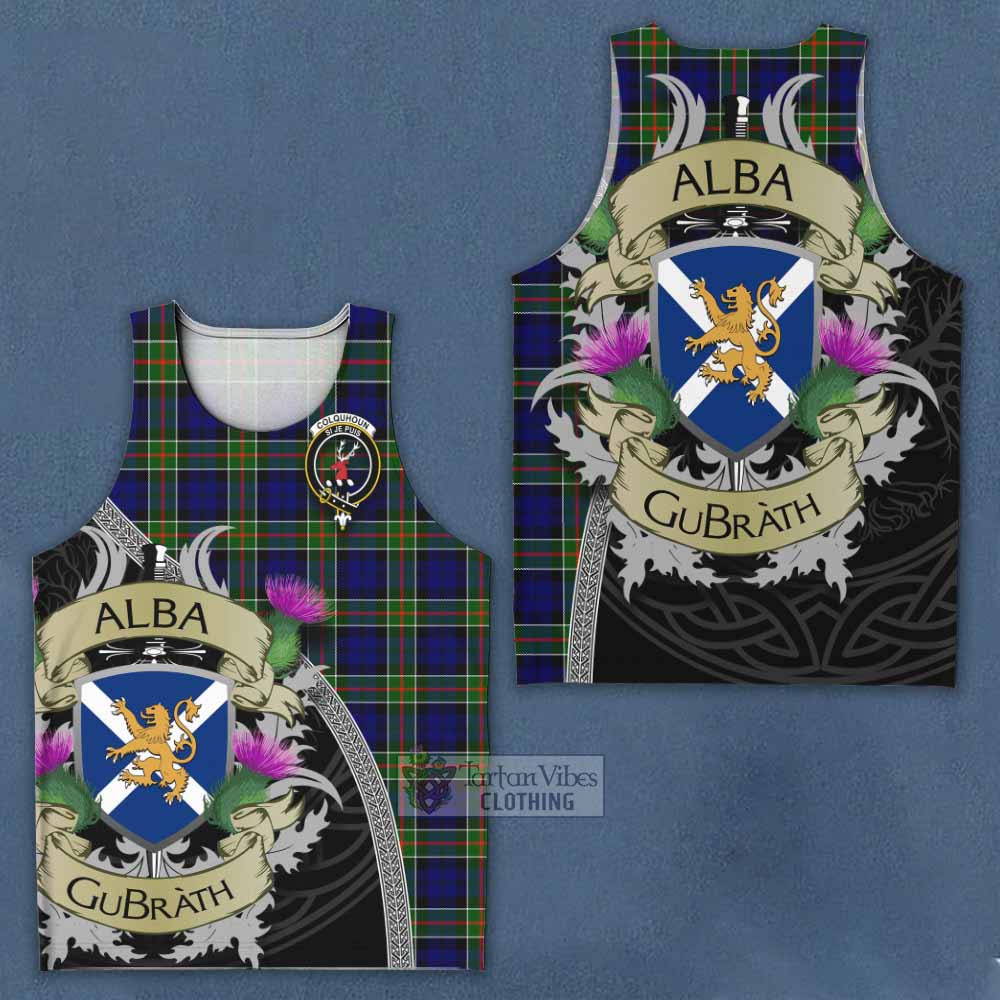 Tartan Vibes Clothing Colquhoun Tartan Family Crest Men's Tank Top Lion Rampant Royal Thistle Shield Celtic Inspired