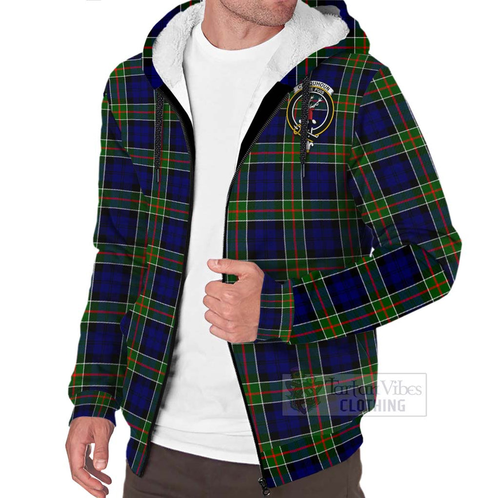 Tartan Vibes Clothing Colquhoun Tartan Sherpa Hoodie with Family Crest and Bearded Skull Holding Bottles of Whiskey