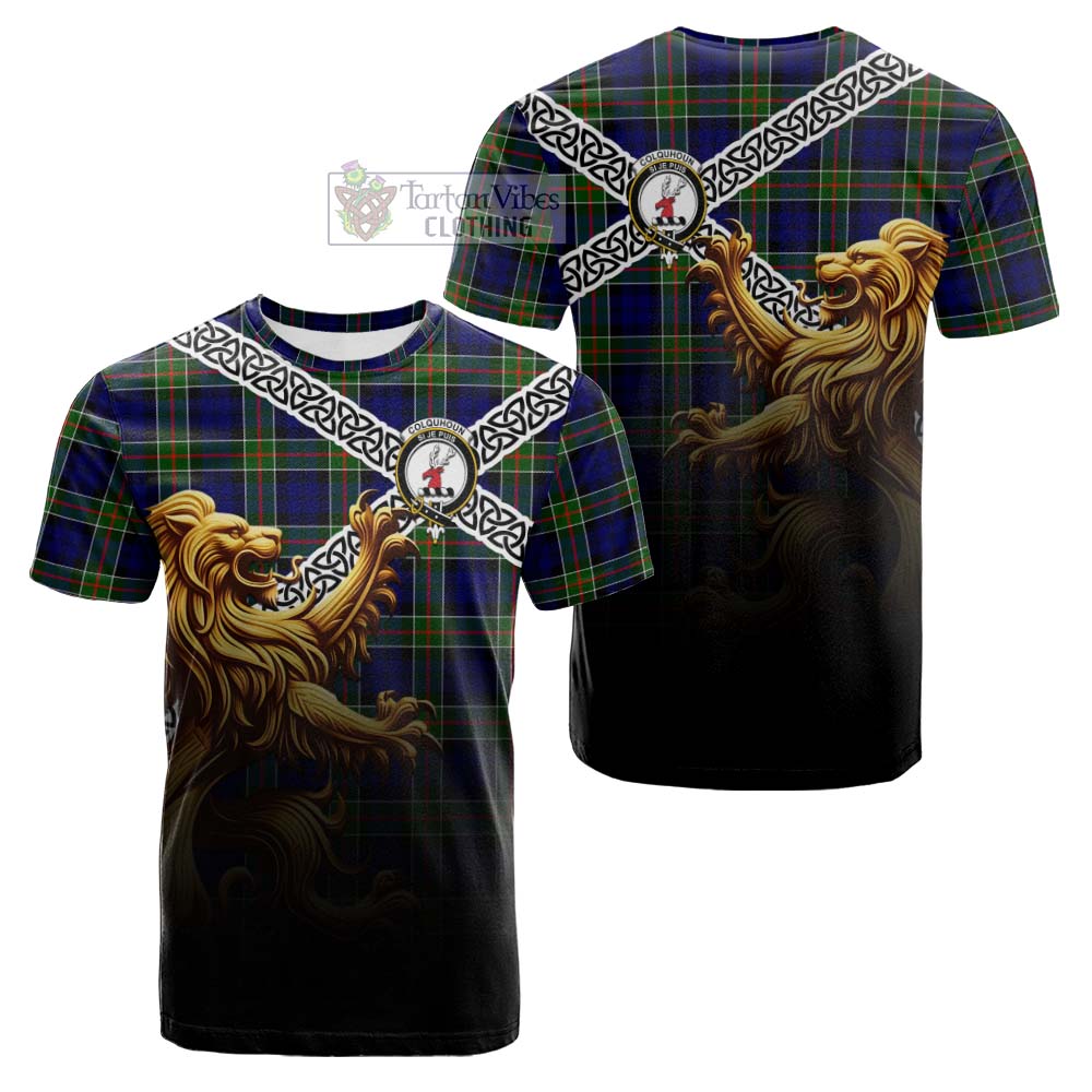 Tartan Vibes Clothing Colquhoun Crest Tartan Cotton T-shirt with Golden Lion Emblem Celtic Style