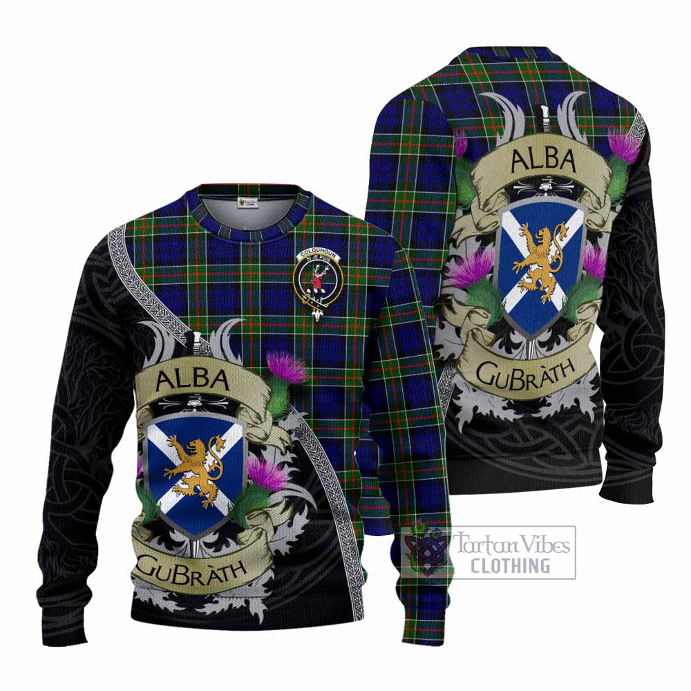 Tartan Vibes Clothing Colquhoun Tartan Family Crest Knitted Sweater Lion Rampant Royal Thistle Shield Celtic Inspired