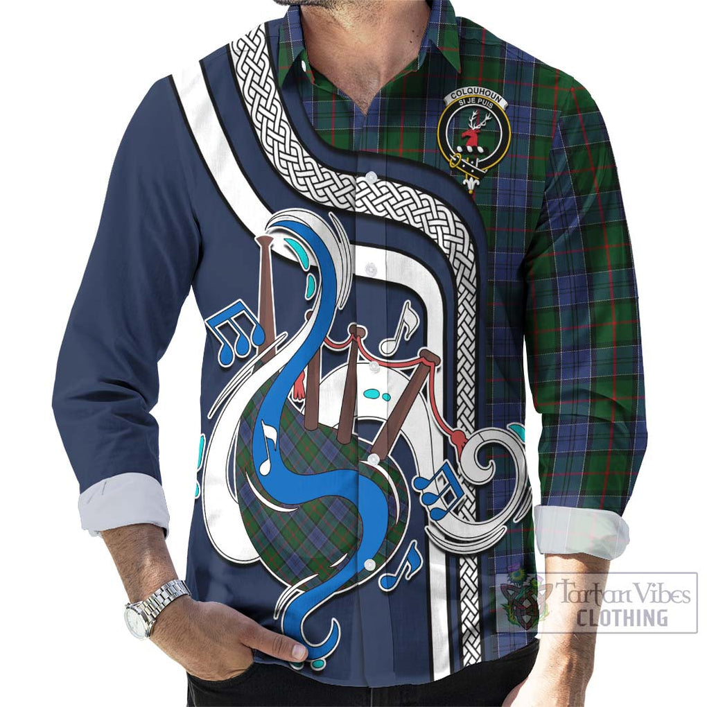 Colquhoun Tartan Long Sleeve Button Shirt with Epic Bagpipe Style - Tartanvibesclothing Shop
