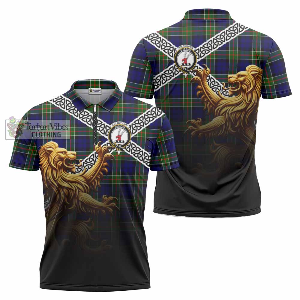 Tartan Vibes Clothing Colquhoun Crest Tartan Zipper Polo Shirt with Golden Lion Emblem Celtic Style