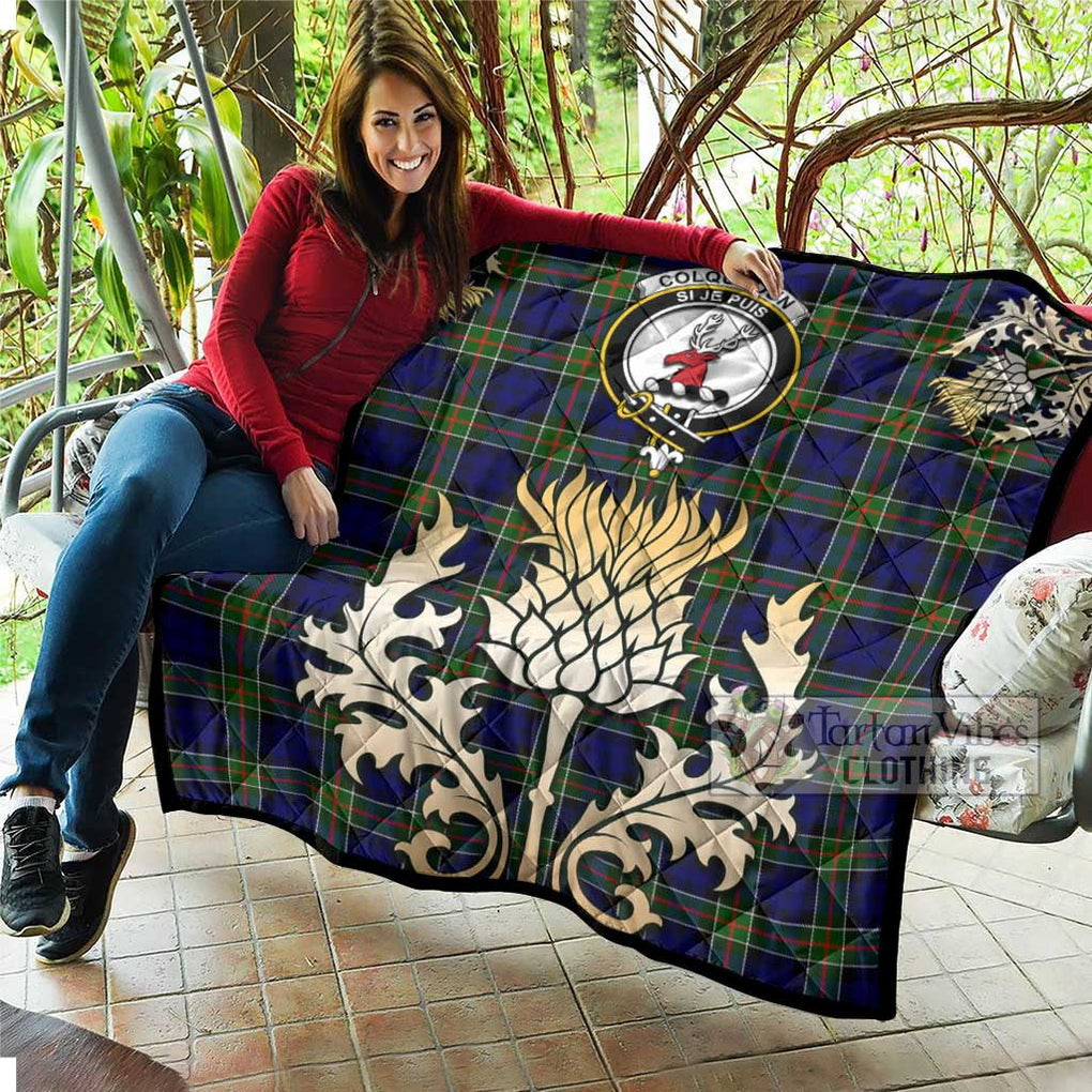 Colquhoun Tartan Quilt with Family Crest and Golden Thistle Style - Tartan Vibes Clothing