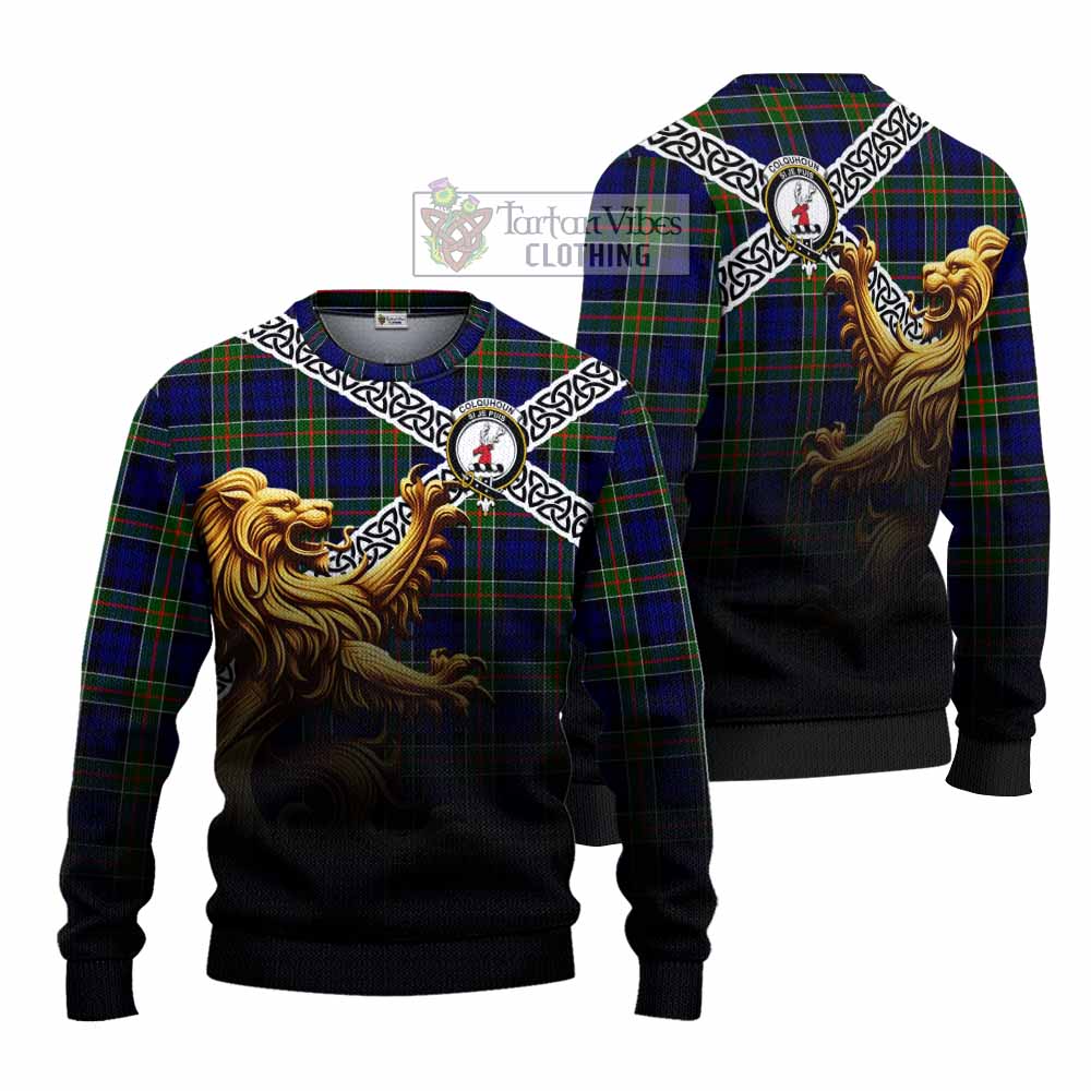 Tartan Vibes Clothing Colquhoun Crest Tartan Knitted Sweater with Golden Lion Emblem Celtic Style