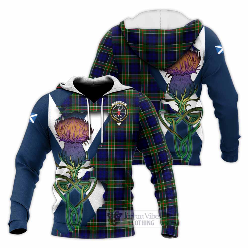 Tartan Vibes Clothing Colquhoun Tartan Family Crest Knitted Hoodie Scottish Thistle Celtic Inspired