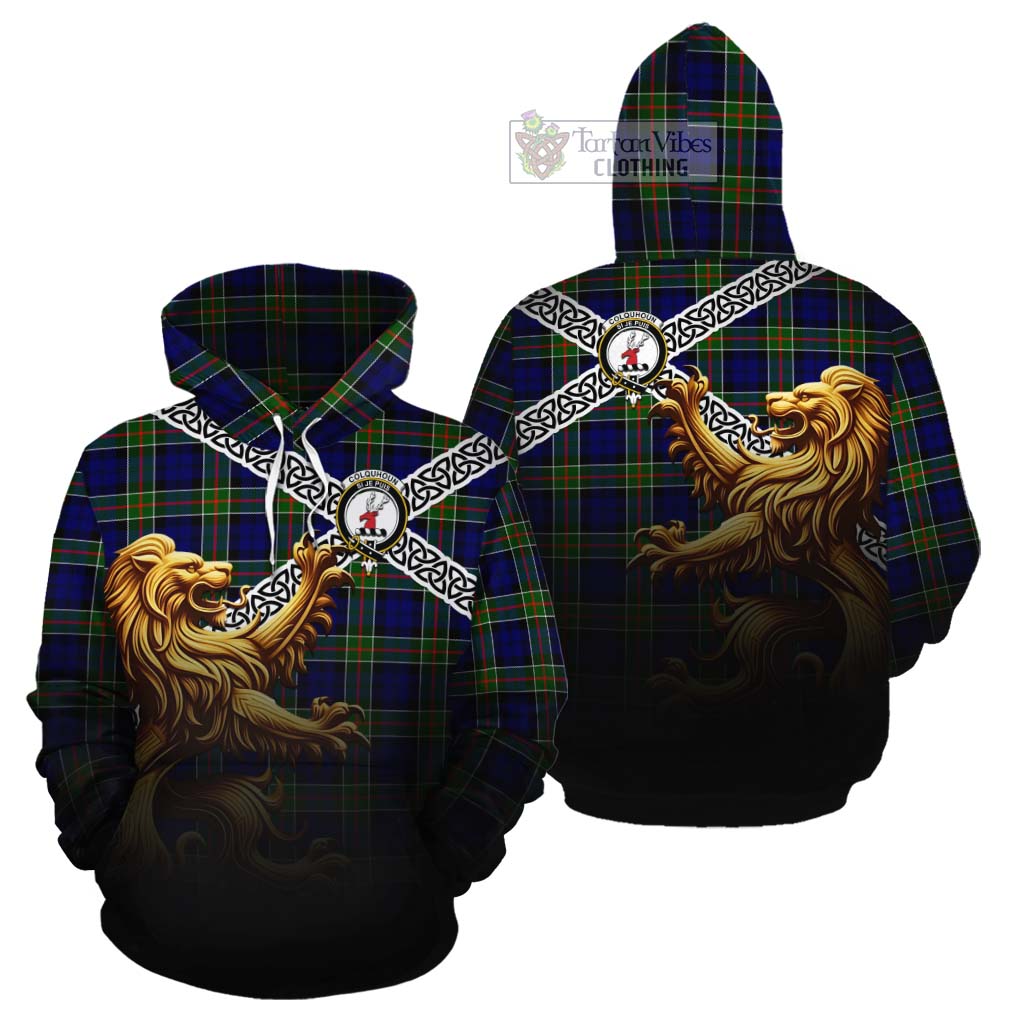 Tartan Vibes Clothing Colquhoun Crest Tartan Cotton Hoodie with Golden Lion Emblem Celtic Style