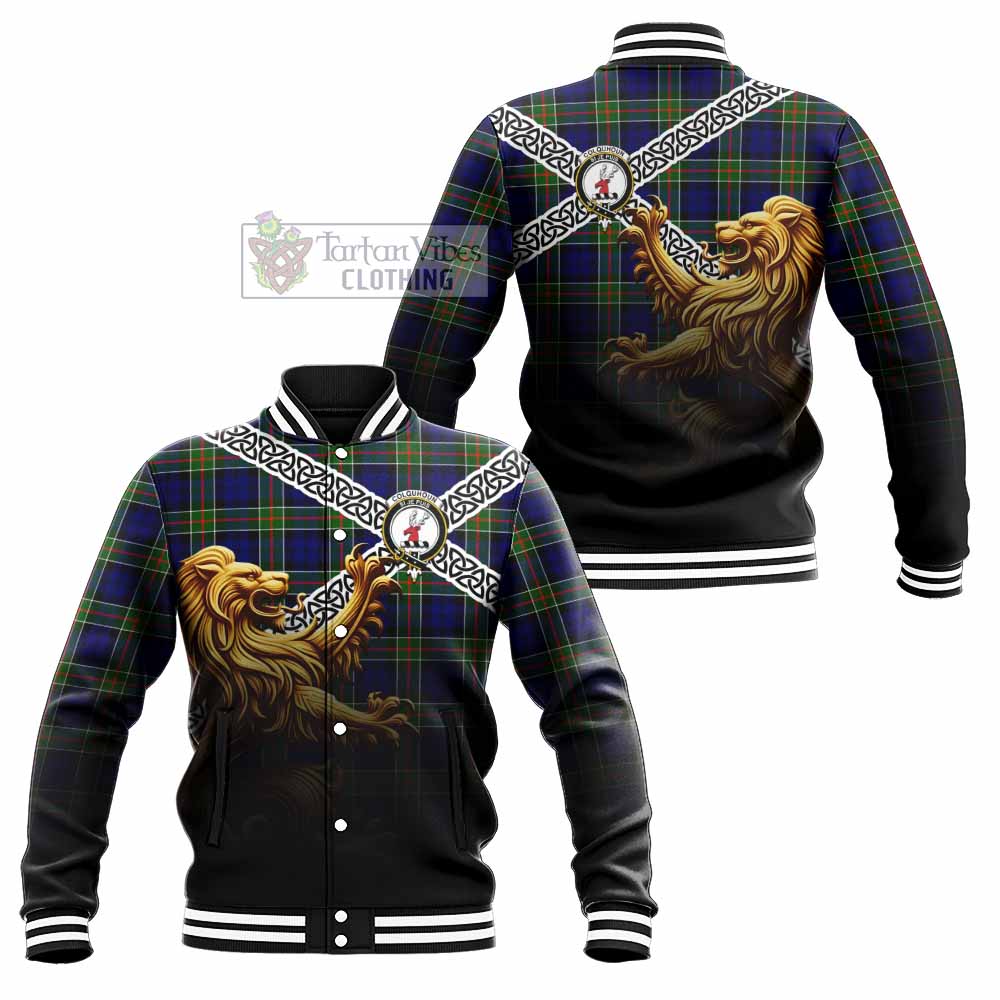 Tartan Vibes Clothing Colquhoun Crest Tartan Baseball Jacket with Golden Lion Emblem Celtic Style