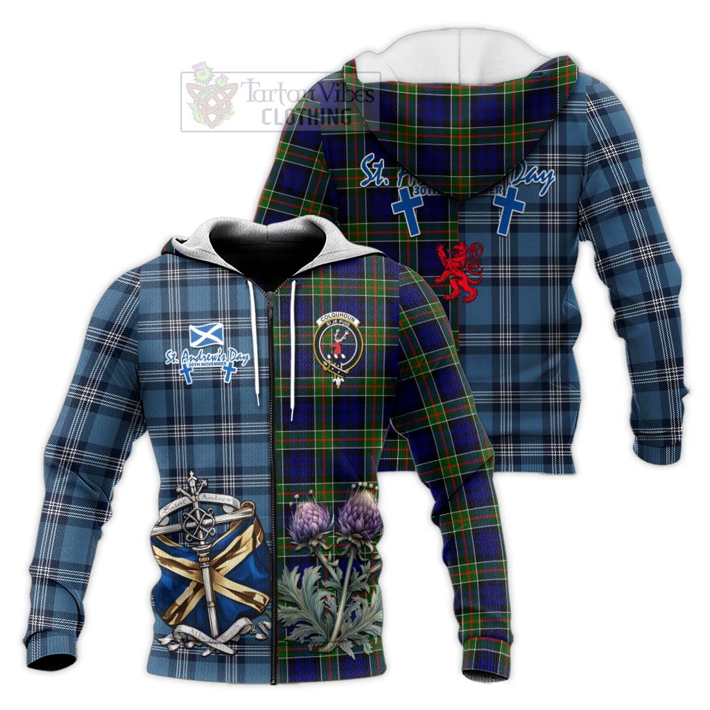 Tartan Vibes Clothing Colquhoun Tartan Knitted Hoodie Happy St. Andrew's Day Half Tartan Style