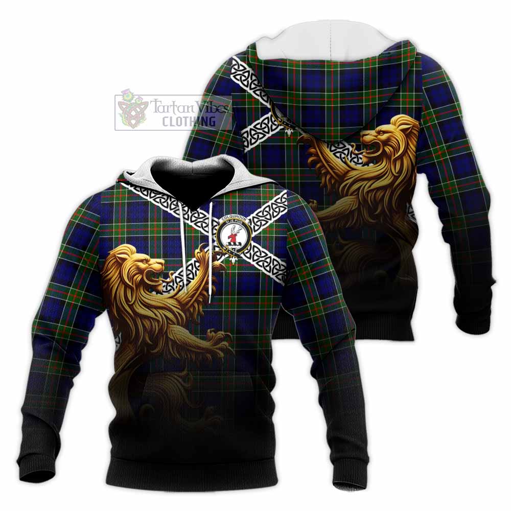 Tartan Vibes Clothing Colquhoun Crest Tartan Knitted Hoodie with Golden Lion Emblem Celtic Style