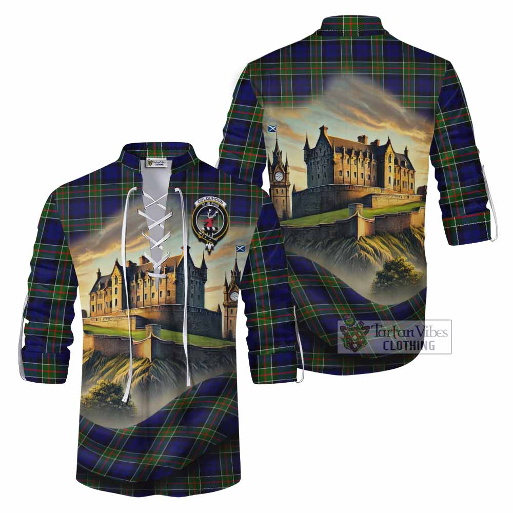 Tartan Vibes Clothing Colquhoun Tartan Family Crest Ghillie Kilt Shirt with Scottish Ancient Castle Style