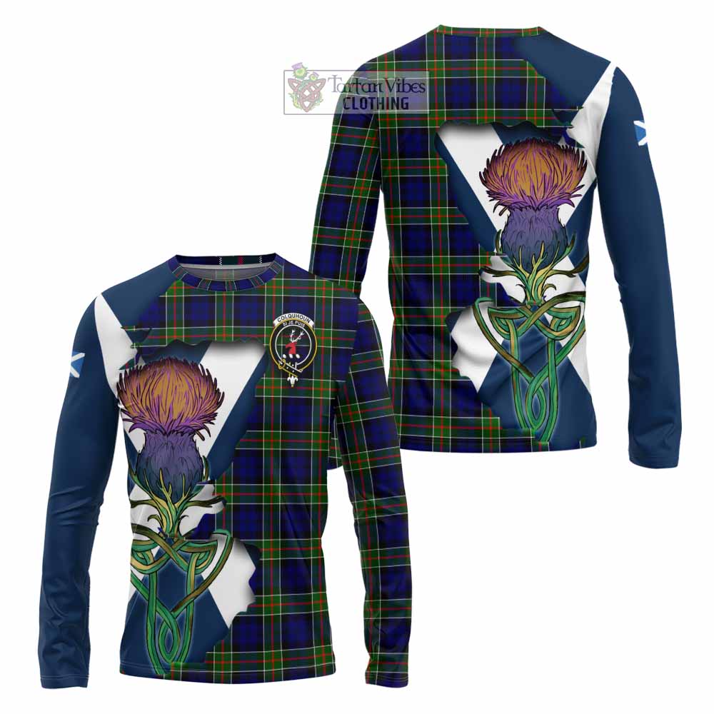 Tartan Vibes Clothing Colquhoun Tartan Family Crest Long Sleeve T-Shirt Scottish Thistle Celtic Inspired