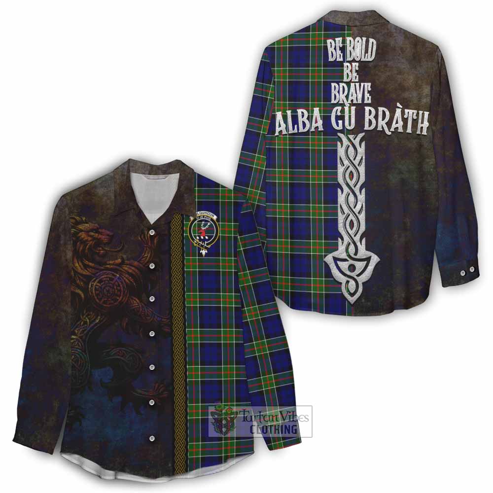 Tartan Vibes Clothing Colquhoun Tartan Family Crest Women's Casual Shirt Alba Gu Brath Be Brave Lion Ancient Style