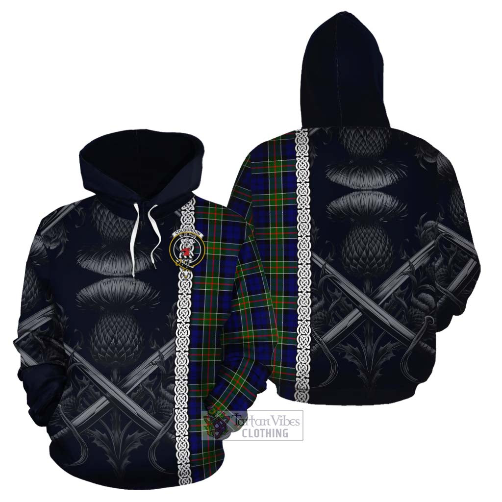 Tartan Vibes Clothing Colquhoun Tartan Cotton Hoodie with Family Crest Cross Sword Thistle Celtic Vibes