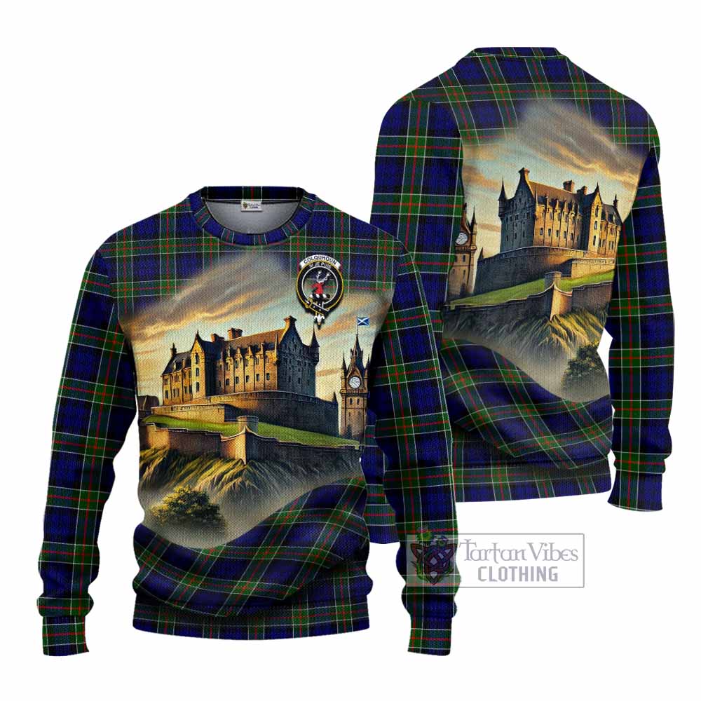Tartan Vibes Clothing Colquhoun Tartan Family Crest Knitted Sweater with Scottish Ancient Castle Style