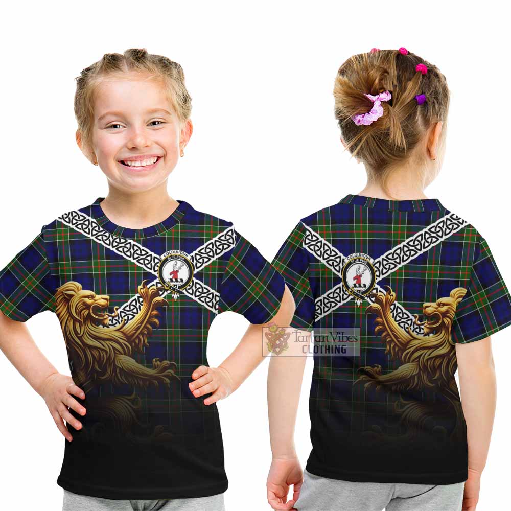 Tartan Vibes Clothing Colquhoun Crest Tartan Kid T-Shirt with Golden Lion Emblem Celtic Style