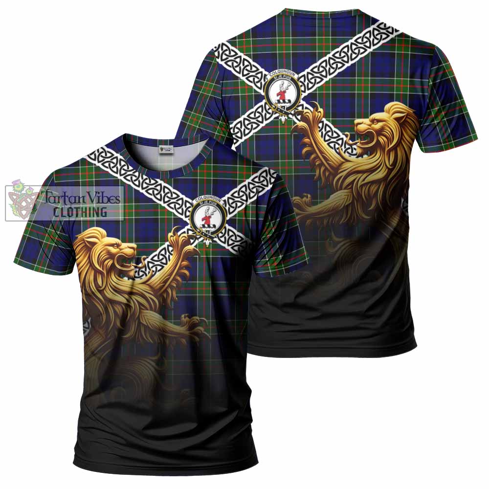 Tartan Vibes Clothing Colquhoun Crest Tartan T-Shirt with Golden Lion Emblem Celtic Style