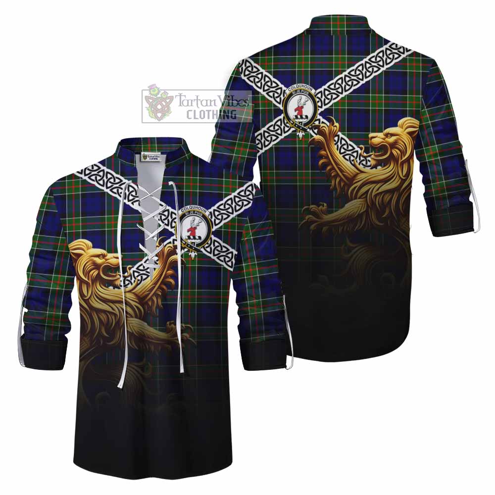 Tartan Vibes Clothing Colquhoun Crest Tartan Ghillie Kilt Shirt with Golden Lion Emblem Celtic Style
