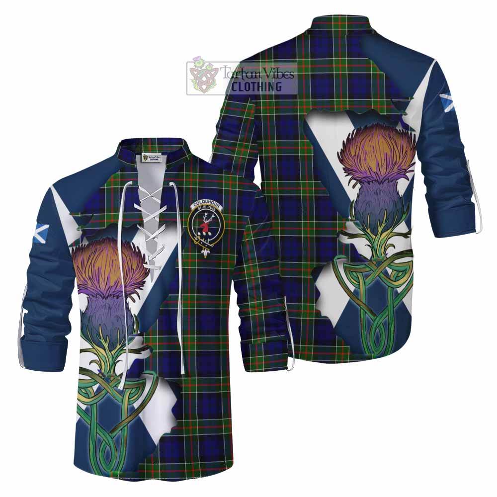 Tartan Vibes Clothing Colquhoun Tartan Family Crest Ghillie Kilt Shirt Scottish Thistle Celtic Inspired