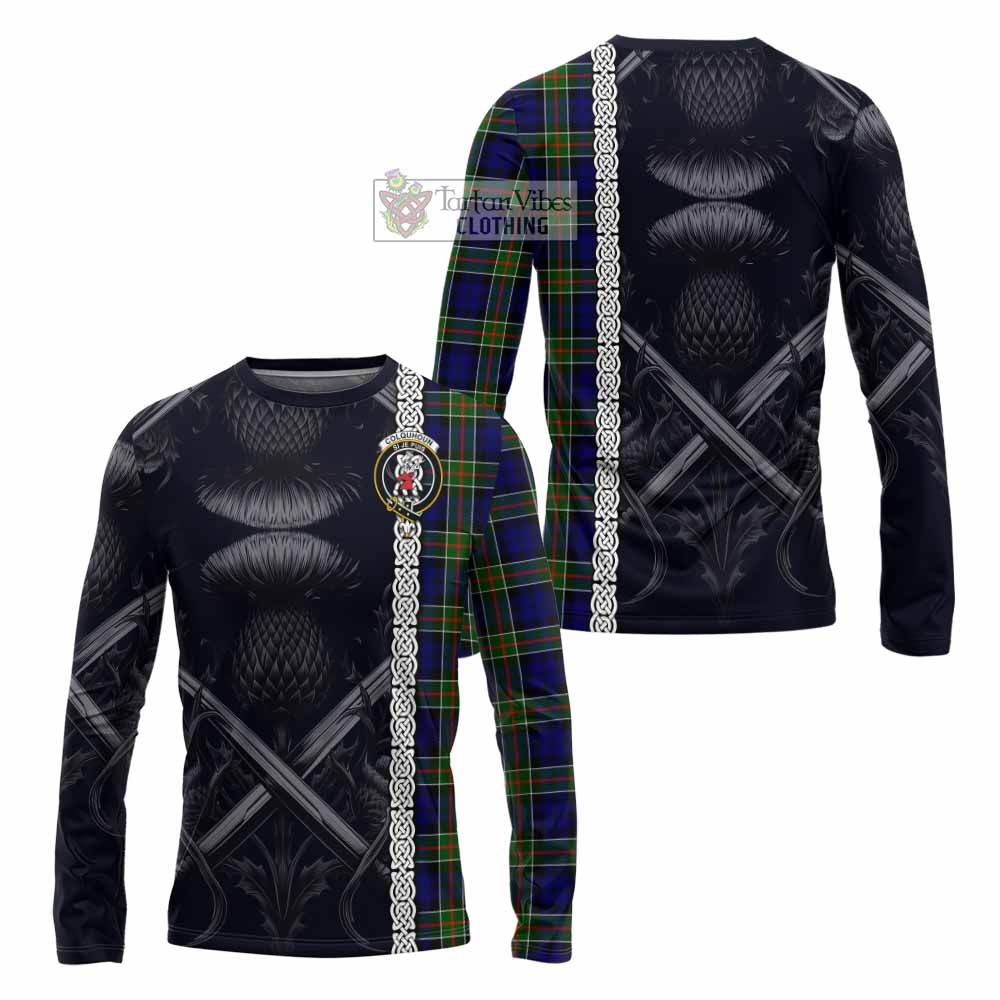 Tartan Vibes Clothing Colquhoun Tartan Long Sleeve T-Shirt with Family Crest Cross Sword Thistle Celtic Vibes