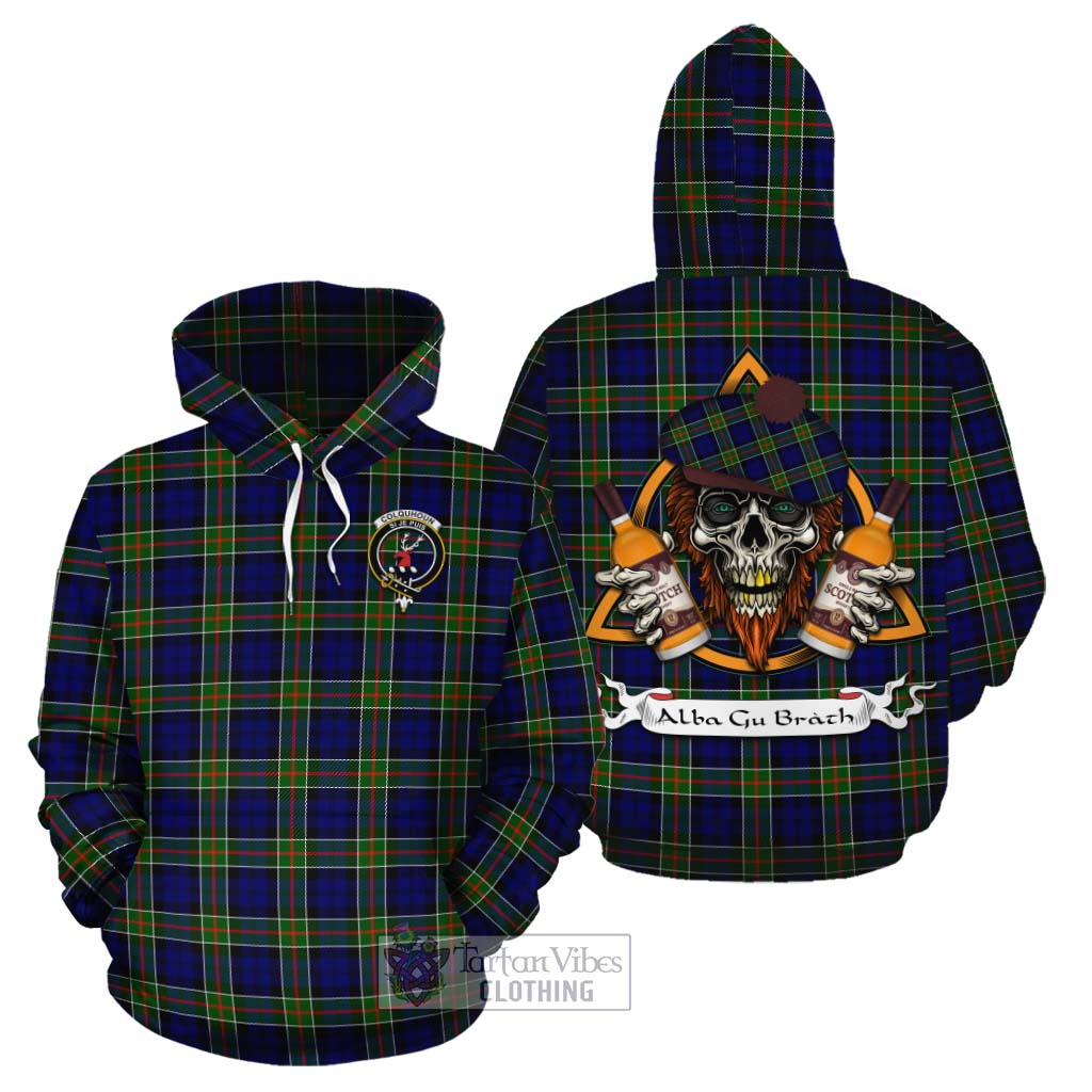 Tartan Vibes Clothing Colquhoun Tartan Cotton Hoodie with Family Crest and Bearded Skull Holding Bottles of Whiskey