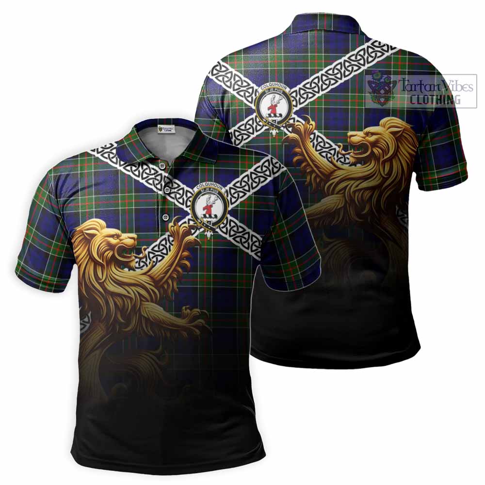 Tartan Vibes Clothing Colquhoun Crest Tartan Polo Shirt with Golden Lion Emblem Celtic Style