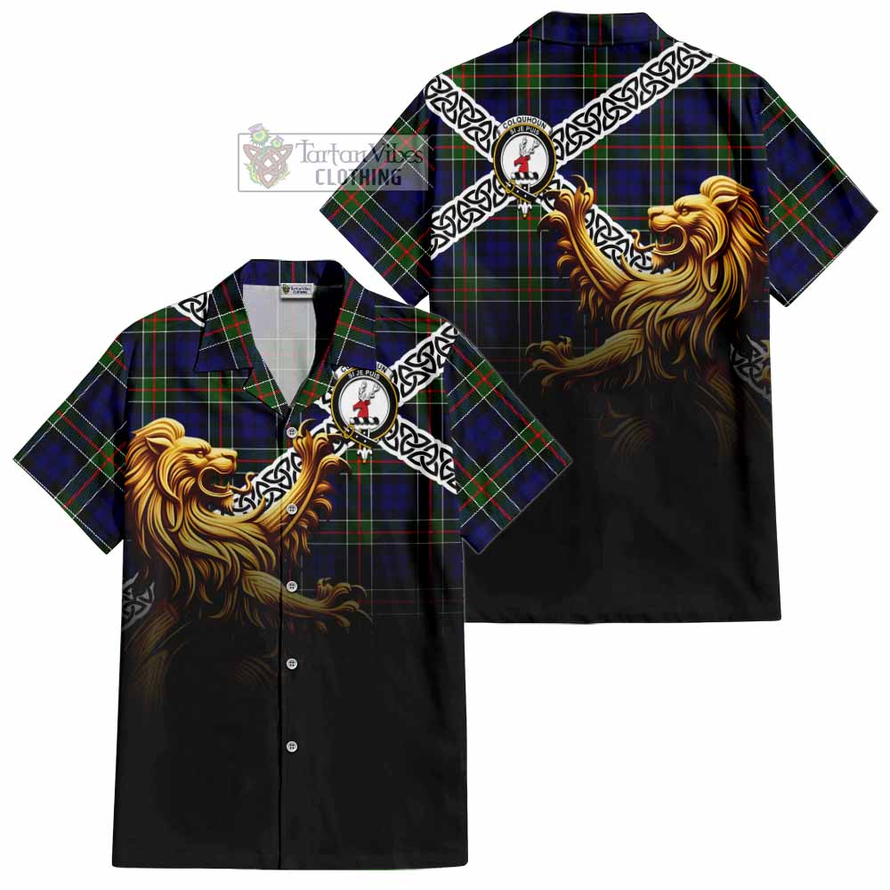 Tartan Vibes Clothing Colquhoun Crest Tartan Short Sleeve Button Shirt with Golden Lion Emblem Celtic Style