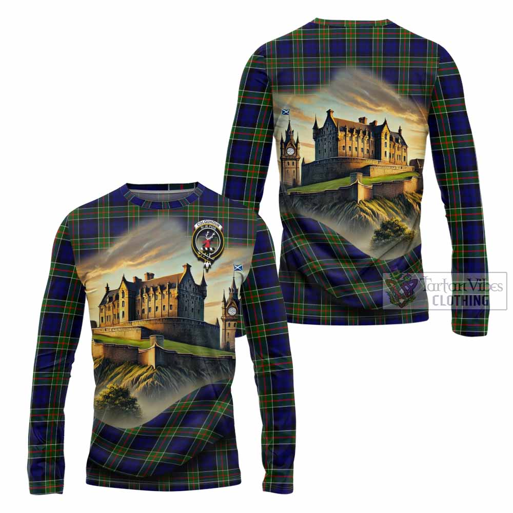 Tartan Vibes Clothing Colquhoun Tartan Family Crest Long Sleeve T-Shirt with Scottish Ancient Castle Style