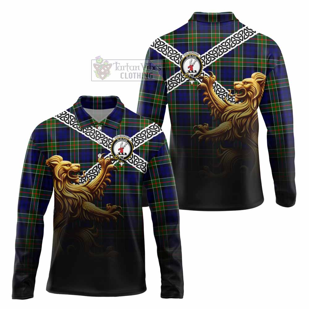 Tartan Vibes Clothing Colquhoun Crest Tartan Long Sleeve Polo Shirt with Golden Lion Emblem Celtic Style