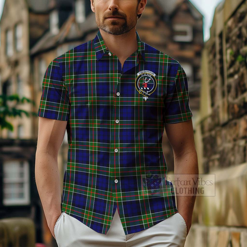 Tartan Vibes Clothing Colquhoun Tartan Short Sleeve Button Shirt with Family Crest and Bearded Skull Holding Bottles of Whiskey