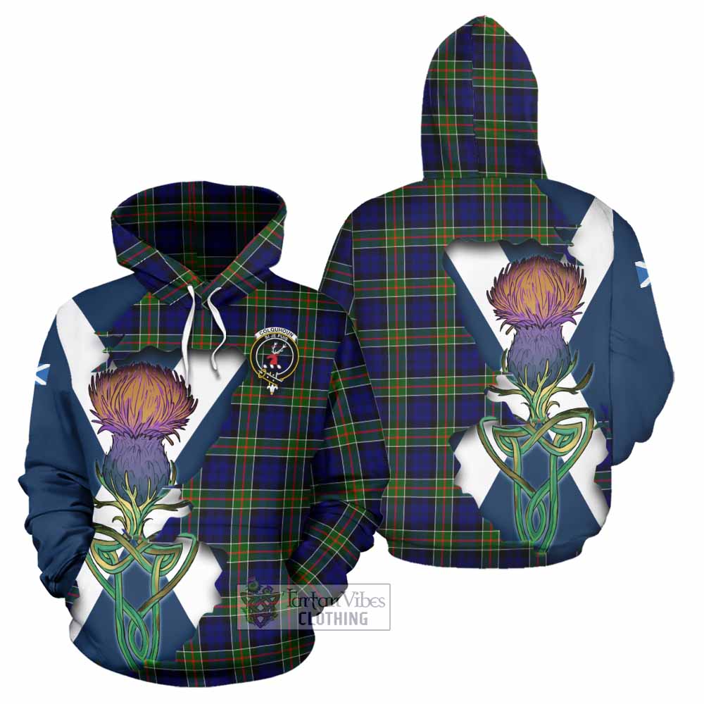 Tartan Vibes Clothing Colquhoun Tartan Family Crest Hoodie Scottish Thistle Celtic Inspired