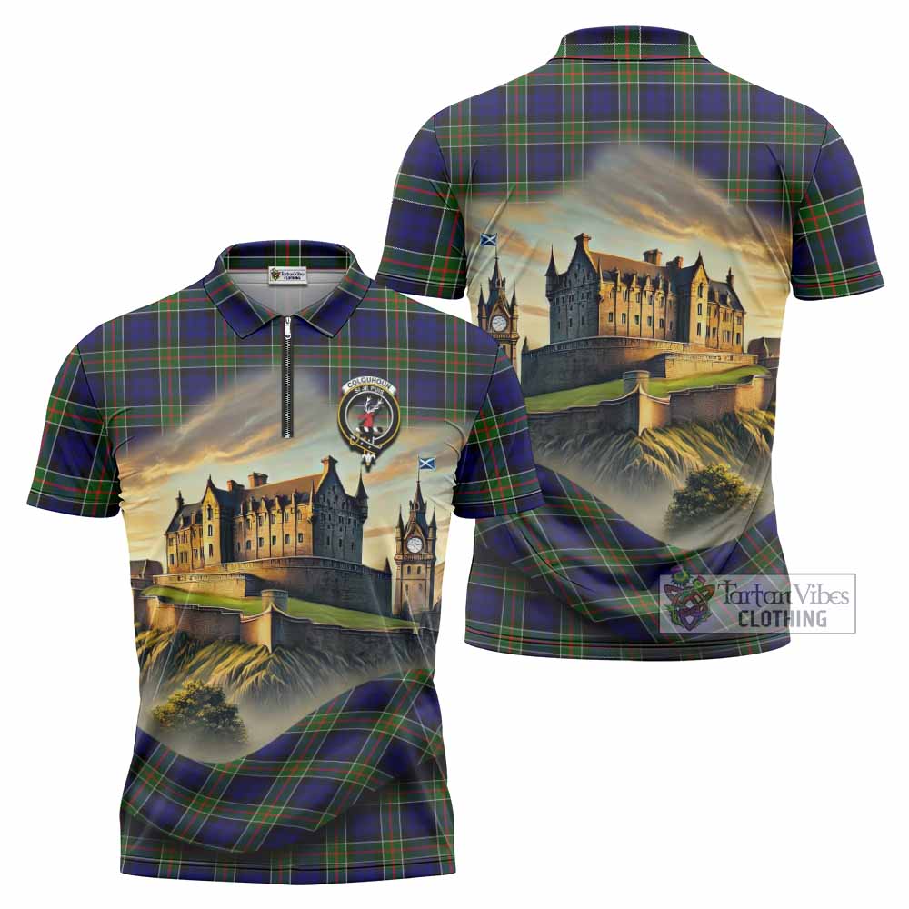 Tartan Vibes Clothing Colquhoun Tartan Family Crest Zipper Polo Shirt with Scottish Ancient Castle Stype