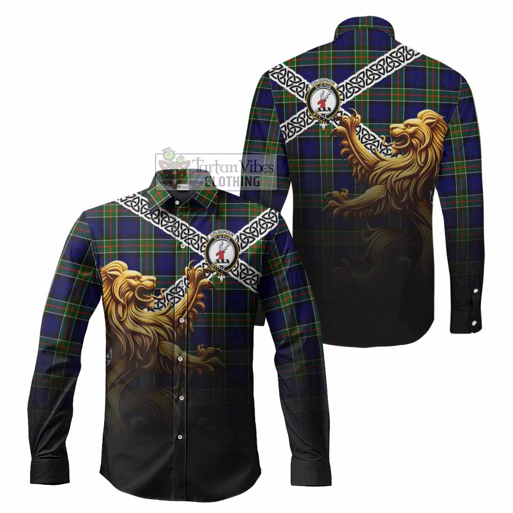 Tartan Vibes Clothing Colquhoun Crest Tartan Long Sleeve Button Shirt with Golden Lion Emblem Celtic Style