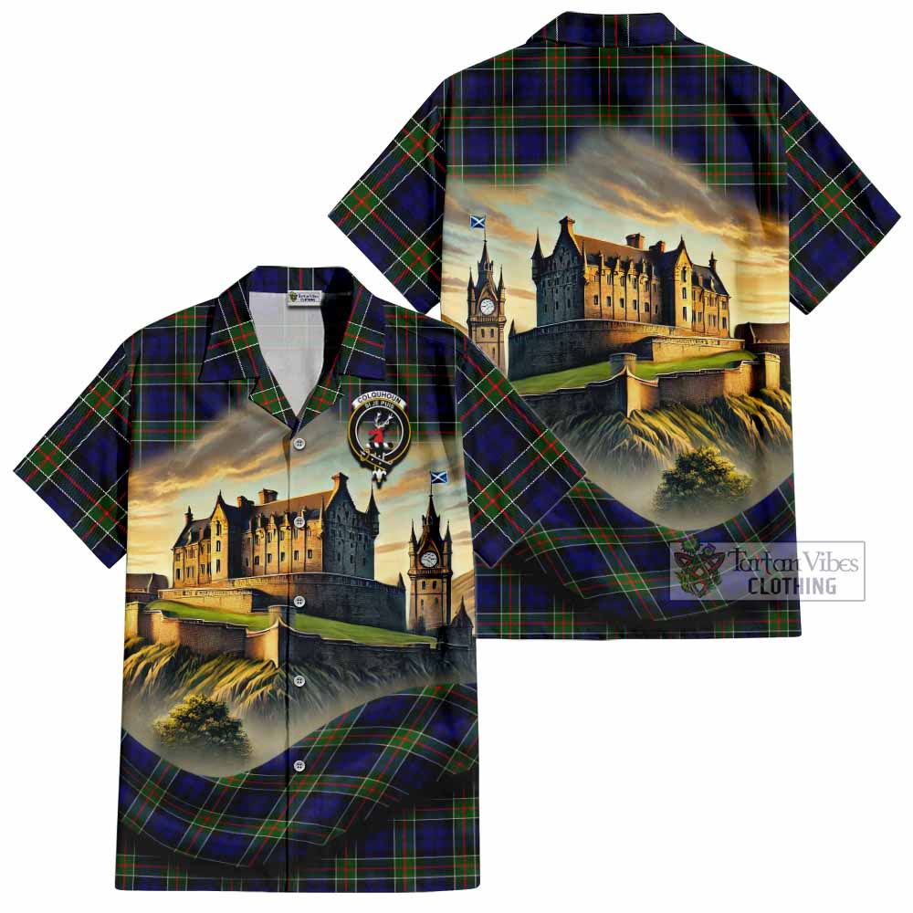 Tartan Vibes Clothing Colquhoun Tartan Family Crest Short Sleeve Button Shirt with Scottish Ancient Castle Style