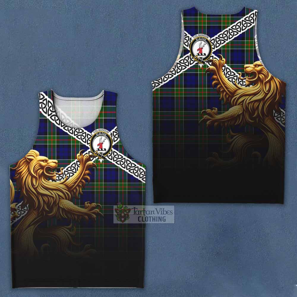Tartan Vibes Clothing Colquhoun Crest Tartan Men's Tank Top with Golden Lion Emblem Celtic Style