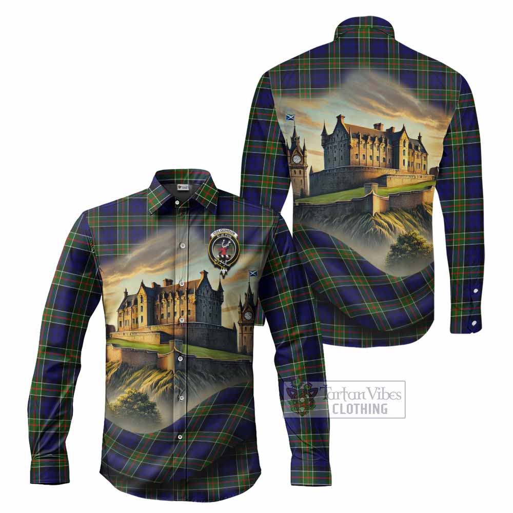 Tartan Vibes Clothing Colquhoun Tartan Family Crest Long Sleeve Button Shirt with Scottish Ancient Castle Style
