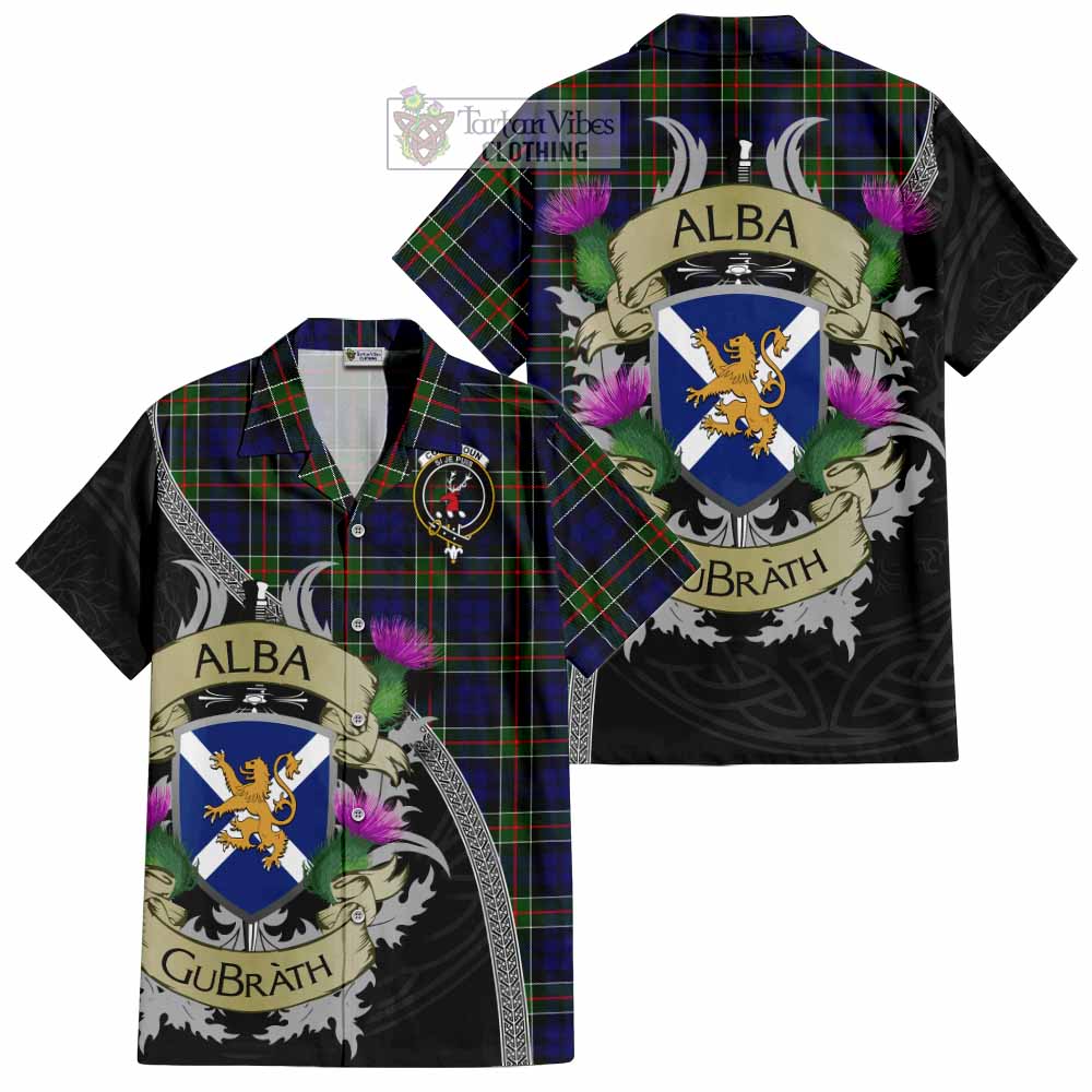 Tartan Vibes Clothing Colquhoun Tartan Family Crest Short Sleeve Button Shirt Lion Rampant Royal Thistle Shield Celtic Inspired