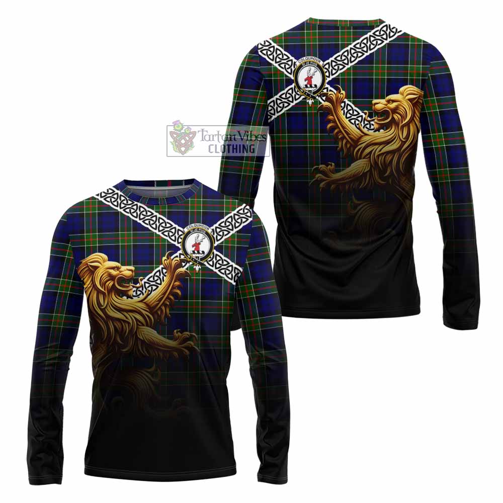 Tartan Vibes Clothing Colquhoun Crest Tartan Long Sleeve T-Shirt with Golden Lion Emblem Celtic Style