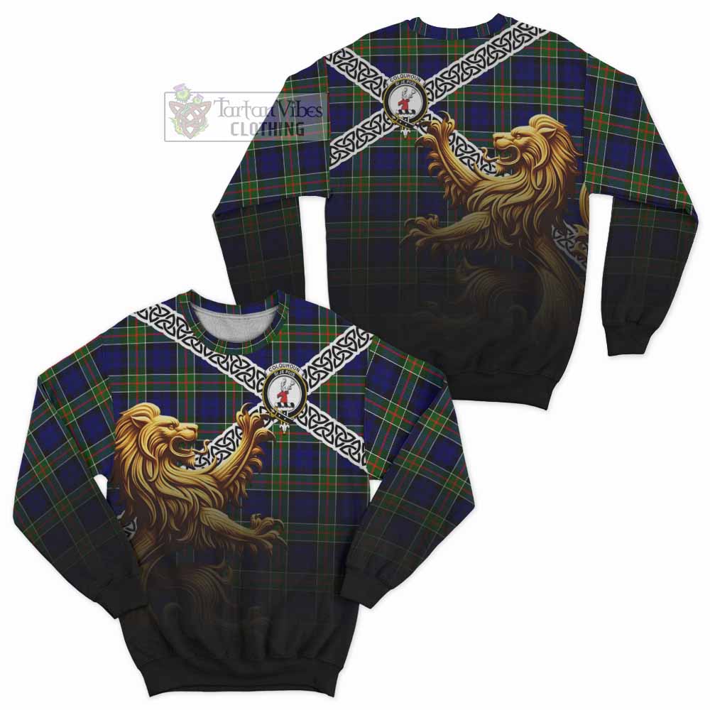 Tartan Vibes Clothing Colquhoun Crest Tartan Sweatshirt with Golden Lion Emblem Celtic Style