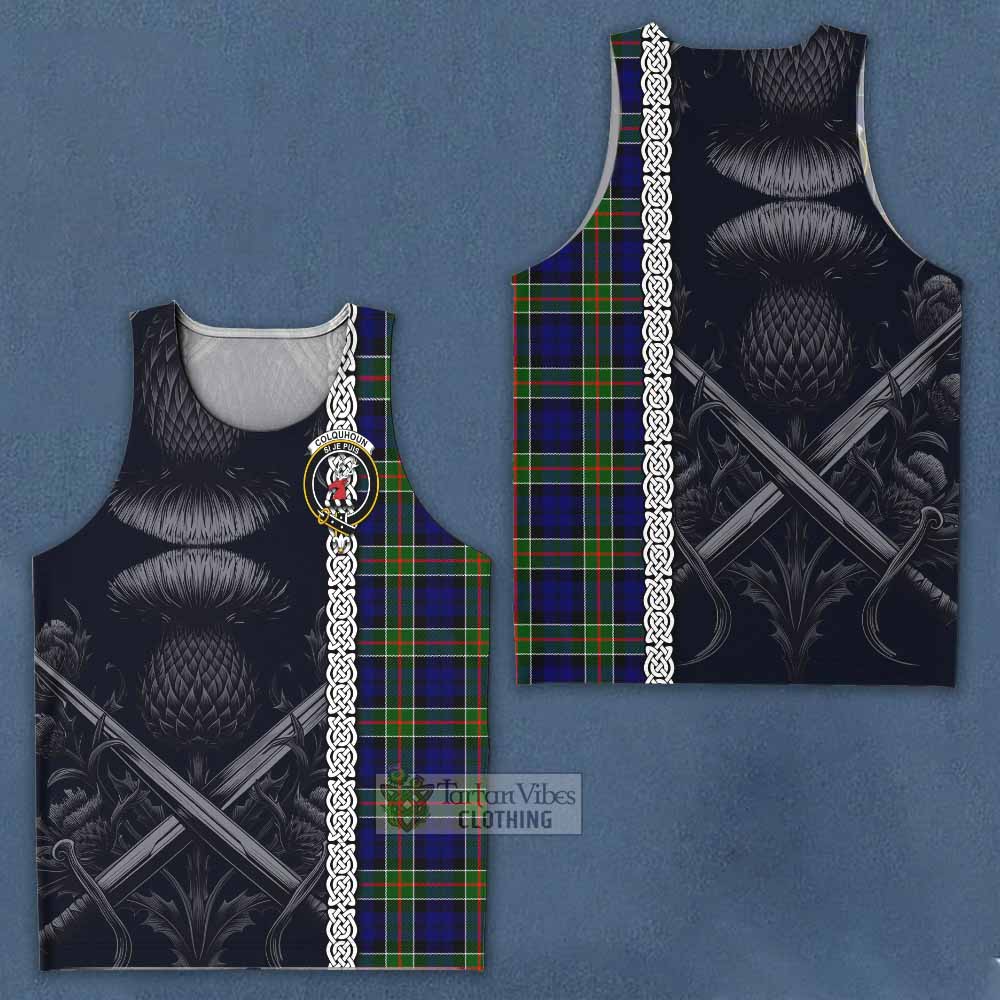 Tartan Vibes Clothing Colquhoun Tartan Men's Tank Top with Family Crest Cross Sword Thistle Celtic Vibes