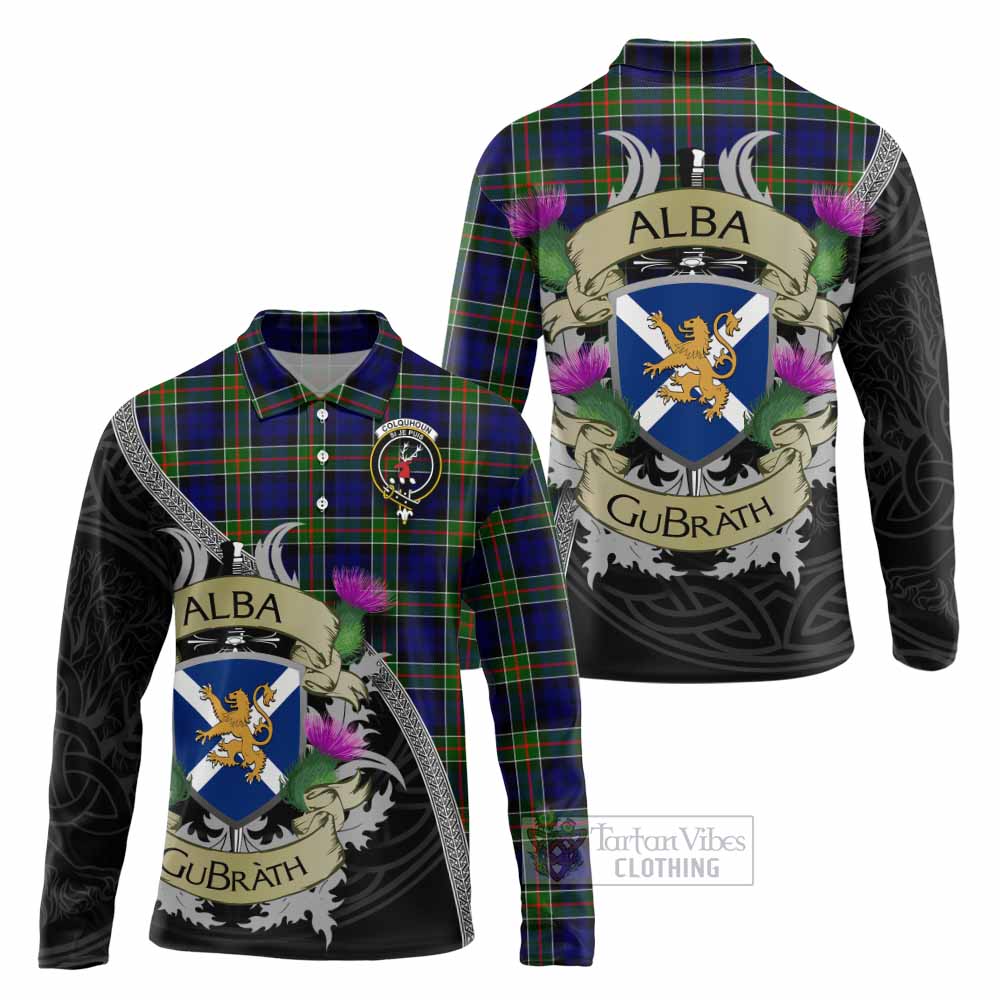 Tartan Vibes Clothing Colquhoun Tartan Family Crest Long Sleeve Polo Shirt Lion Rampant Royal Thistle Shield Celtic Inspired