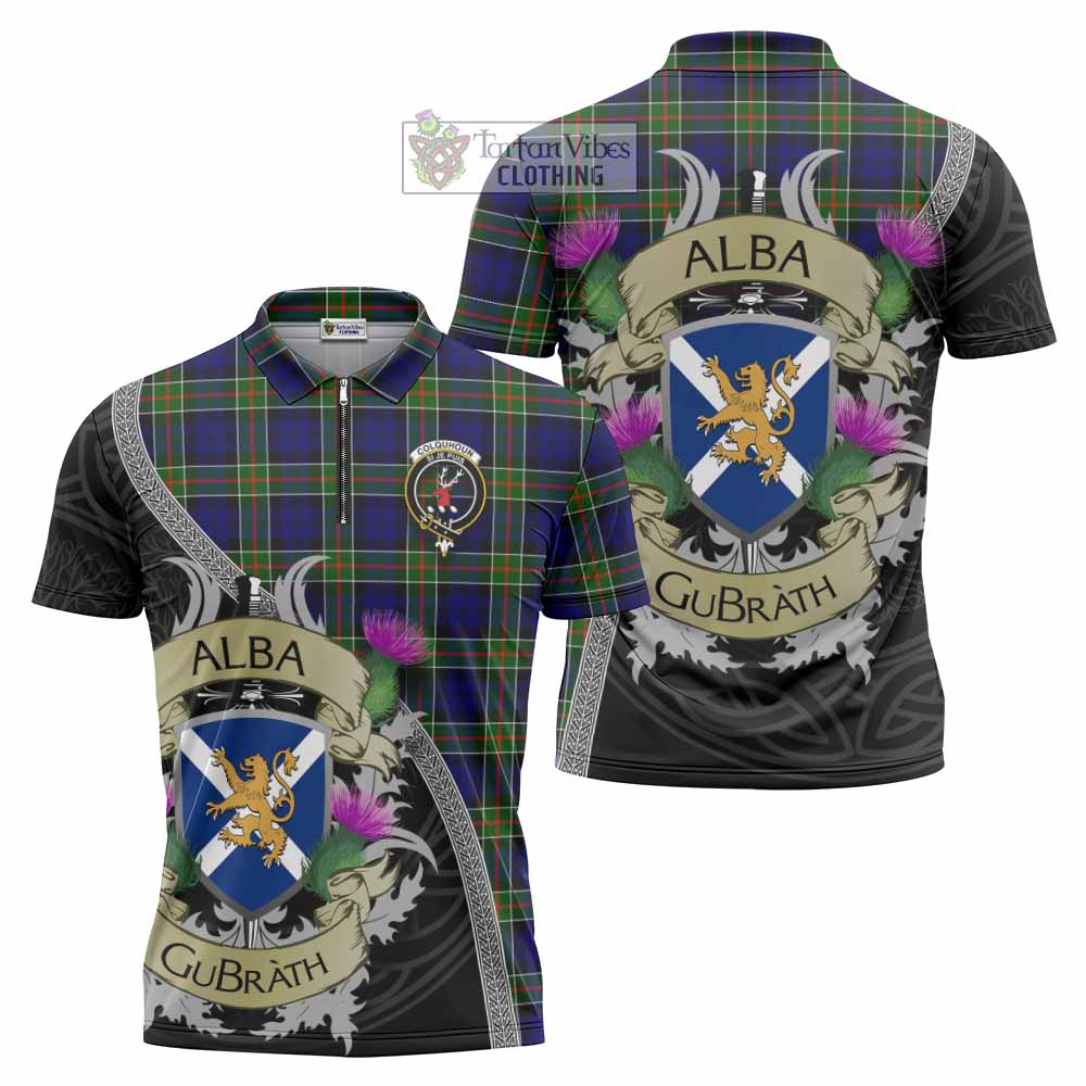 Tartan Vibes Clothing Colquhoun Tartan Family Crest Zipper Polo Shirt Lion Rampant Royal Thistle Shield Celtic Inspired
