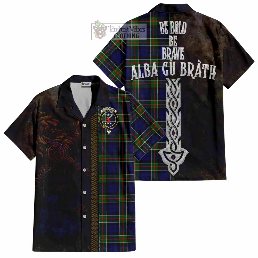Tartan Vibes Clothing Colquhoun Tartan Family Crest Short Sleeve Button Shirt Alba Gu Brath Be Brave Lion Ancient Style