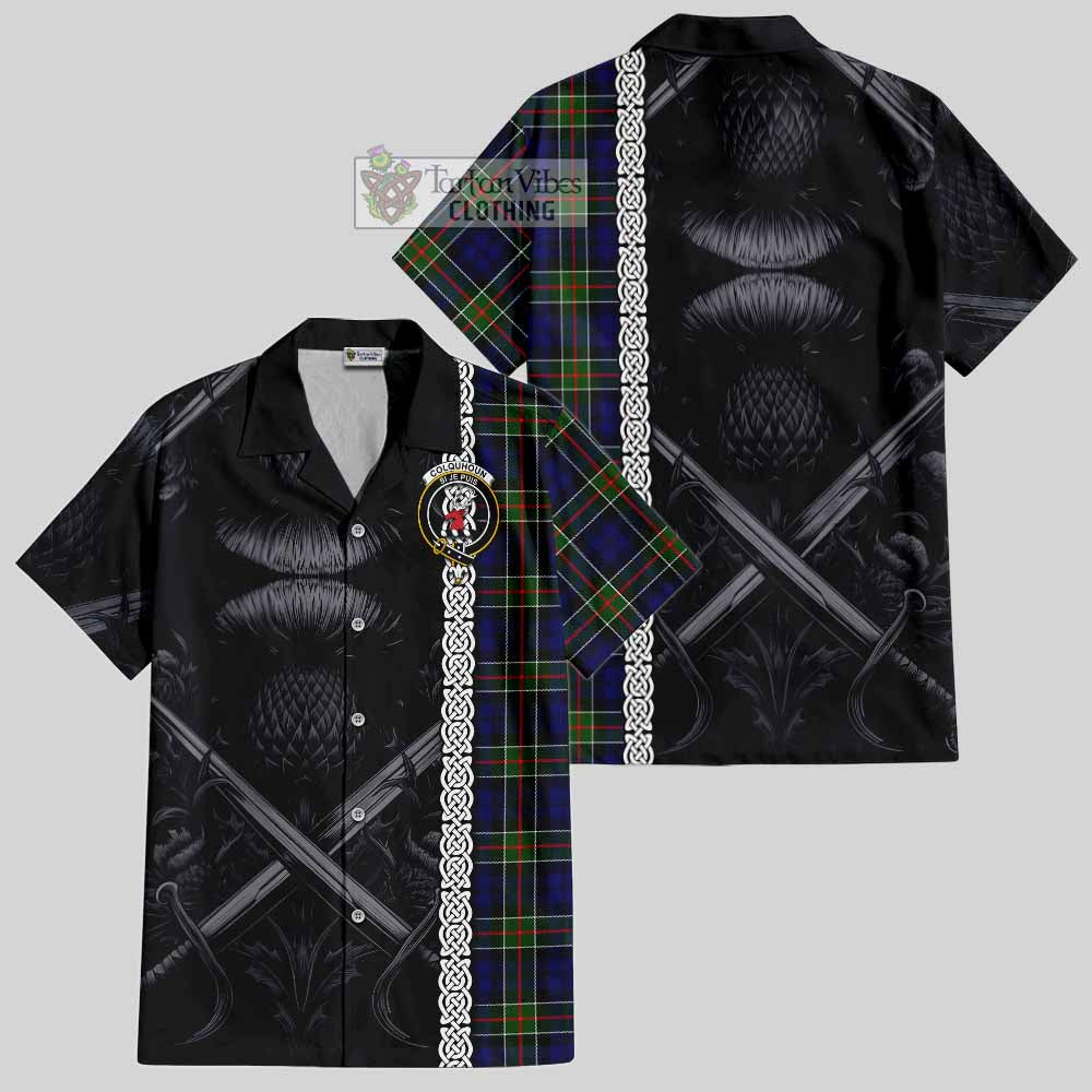 Tartan Vibes Clothing Colquhoun Tartan Short Sleeve Button Shirt with Family Crest Cross Sword Thistle Celtic Vibes